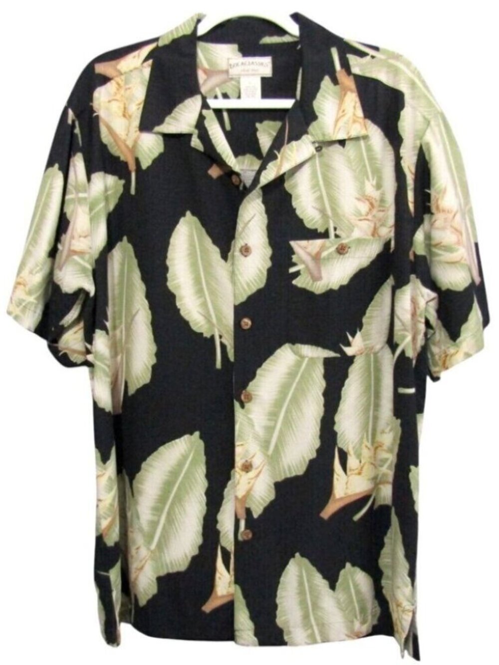 Boca Classics Black Floral Leaf 100% Silk Hawaiian Camp Shirt Size L Tropical